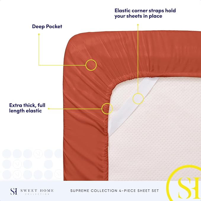 King Size Sheets - Breathable Luxury Bed Sheets with Full Elastic & Secure Corner Straps Built In - 1800 Supreme Collection Extra Soft Deep Pocket Bedding Set, Sheet Set, King, Rust