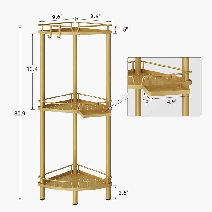ELYKEN Corner Shower Caddy Standing, 3 Tier Rustproof Metal Shower Organizer with Soap Holder, Floor Shower Corner Shelf Rack Storage Stands with Adjustable Feet & 2 Hooks for Bathroom, Gold - Image 2