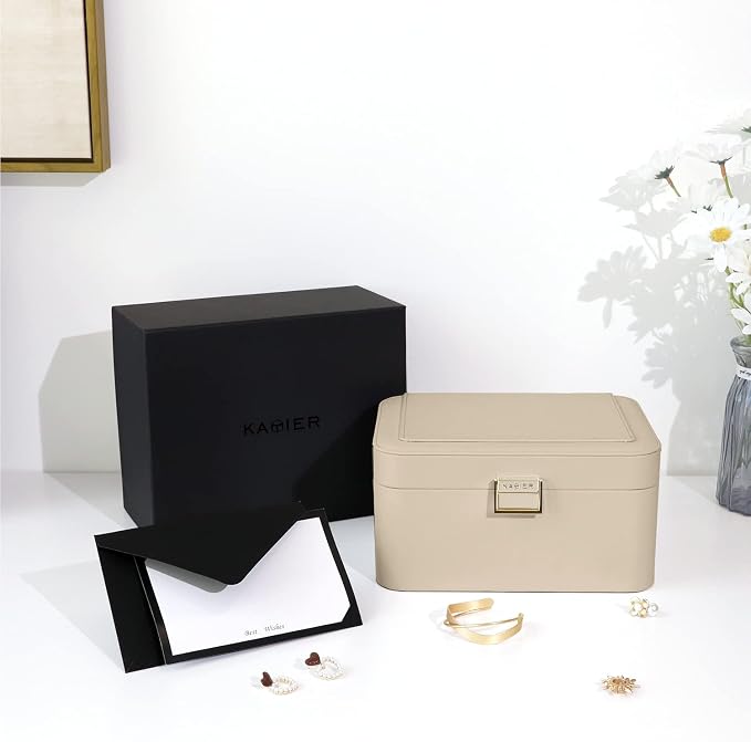 KAMIER Jewelry Organizer,2 Layer Jewelry Organizer Box for Earrings Bracelets Rings Necklaces,Luxury Leather & Soft Velvet Lined,Gift Box Packaging,Beige - Image 5