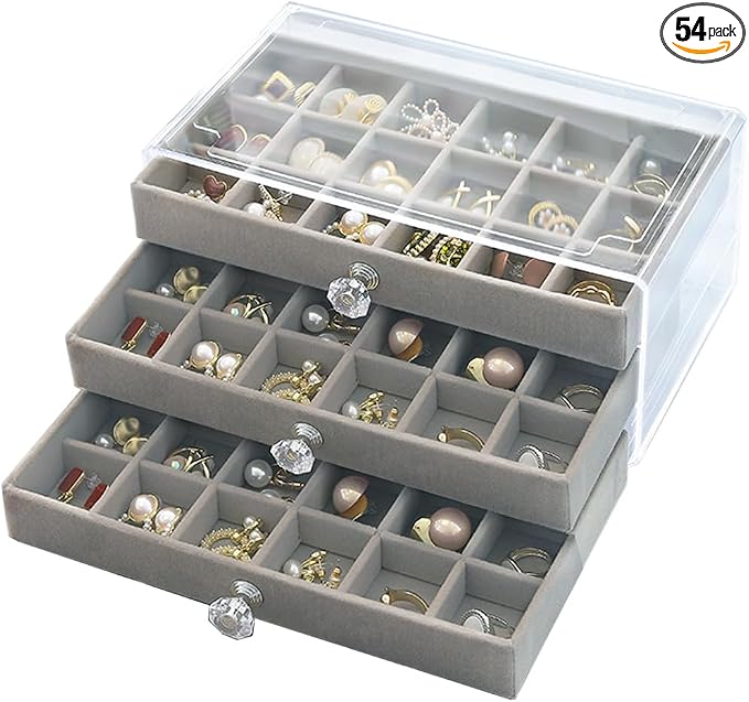 SPAKOWN Earring Box Holder Organizer Display Case, Clear Velvet Jewelry Storage Tray Organizer for Earring Ring Stud (Grey - 3 Drawers) by SPAKOWN