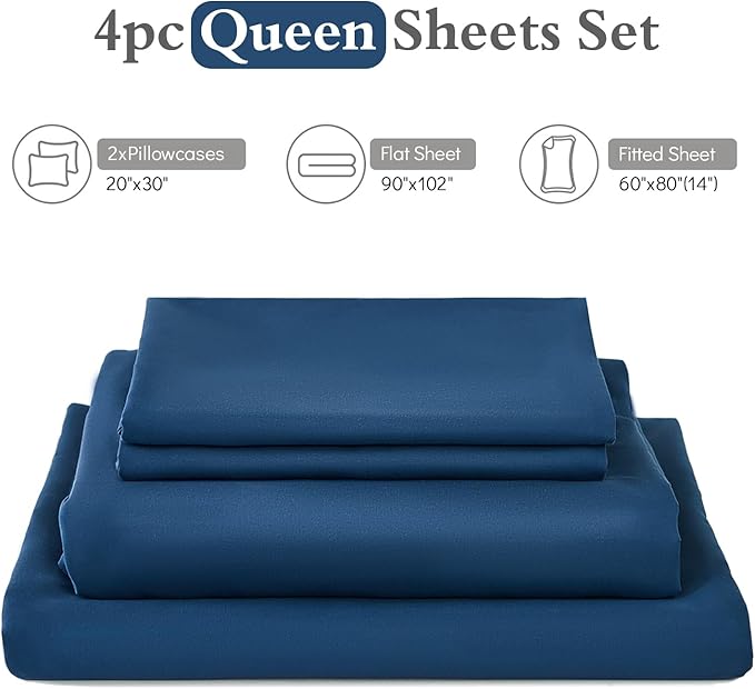 ILAVANDE Navy Queen Sheets Set 4 Piece, Hotel Luxury Super Soft 1800 Series Microfiber Navy Blue Bed Sheets Set-Wrinkle Free & Breathable-14 Deep Pocket Sheets for Queen Size Bed(Queen,Navy Blue)