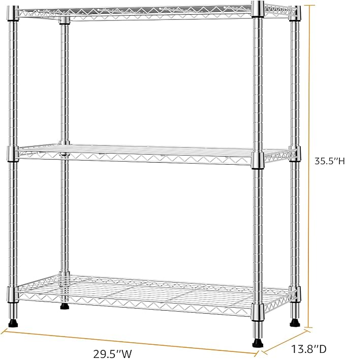 M MZG 750 lbs 3 Tier Storage Rack Metal Wire Shelving Unit, Storage Standing Shelf Organizer for Laundry Bathroom Kitchen Pantry Closet Garage Basement Utility Room, Chrome 13.8" D x 29.5" W x 35.5" H - Image 3
