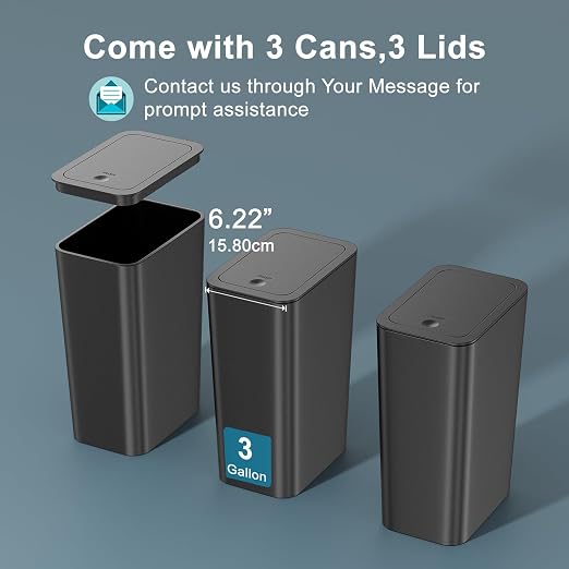 N. NETDOT 3 Pack Small Trash Can with lid, 3 Gallon Bathroom Trash Can,Garbage Can Slim Trash Bin Waste Basket for Bathroom,Kitchen,Bedroom,Living Room,Office,Laundry - Black - Image 5