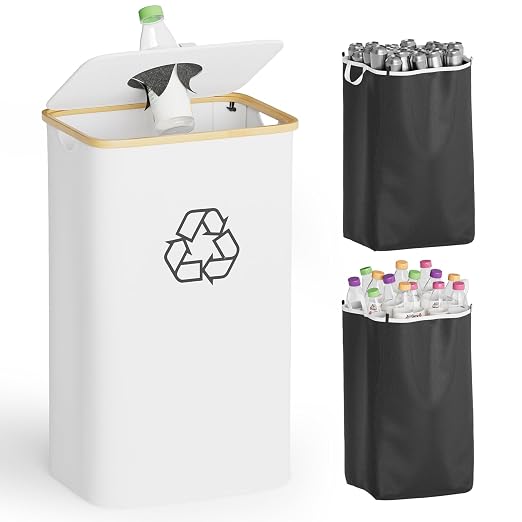 SpaceAid Recycling Bin for Kitchen 26 Gallon, 100L Recycle Bin with Lid and 2 Reusable Inner Bags, for Bottle Can Glass Plastic Stickers, White by SpaceAid