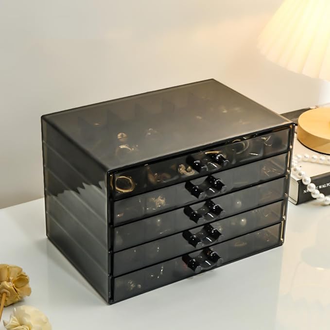Feadily Acrylic Jewelry Organizer Box, Jewelry Drawer Organizer With 5 Drawers 120 Grids, Black - Image 4