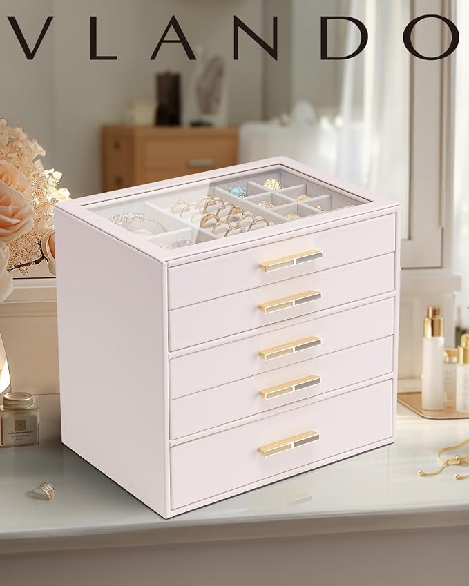 VLANDO 5 Layer Jewelry Box for Women, Glass Lid Jewelry Organizer with 5 Drawers for Necklaces Rings Earrings Bracelets - Light Pink - Image 6