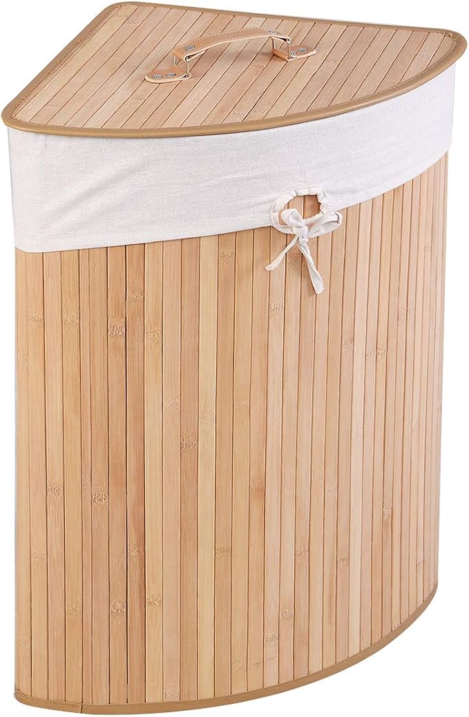 GOFLAME Corner Bamboo Laundry Hamper with Lid and Removable Liner, Washing Clothes Basket Storage Bin with Handle, Suitable for Bedroom, Bathroom, Laundry (Natural) by GOFLAME