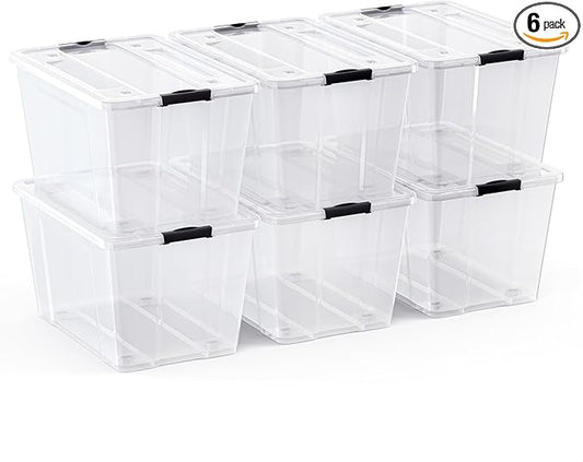 Lifetime Appliance Parts 6 PACK 54 Qt. Plastic Storage Bin Tote Organizing Container with Ultra Durable Lid & Secure Latching Buckles Stackable Extra Strength Clear w/Black Handle