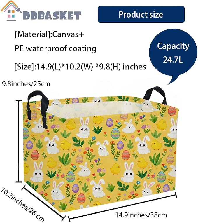 Easter Basket for Kids Gift Bunny Easter Basket Empty Baby Basket for Boys and Girls Cute Storage Basket Organizer Bin Box.(yellow eggs) - Image 2