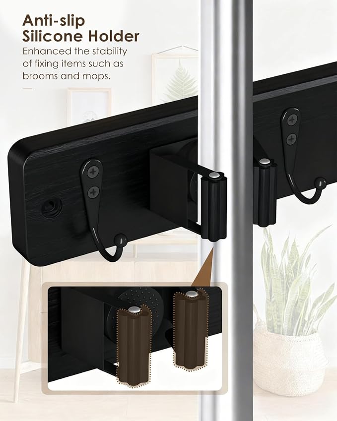 AceMining Broom Holder Wall Mounted, Black 4 Holders and 4 Hooks Mop Holder, Wooden Mop and Broom Holder with Anti slip rubber, Natural pine wood Brush Holder, Mop Wall Holde with Nail installation - Image 3