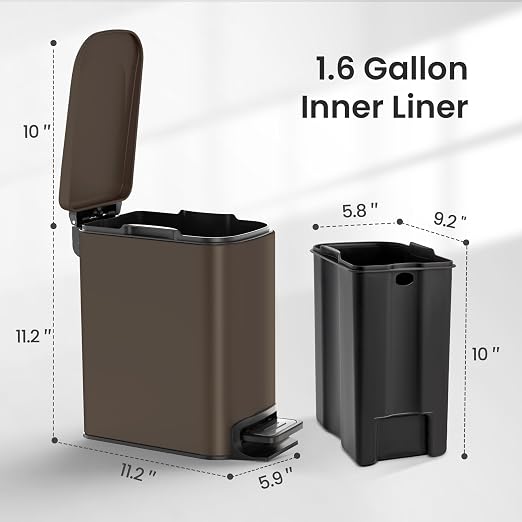 Cesun Small Bathroom Trash Can with Lid Soft Close, Step Pedal, 6 Liter / 1.6 Gallon Stainless Steel Garbage Can with Removable Inner Bucket, Anti-Fingerprint Finish (Brown) - Image 6