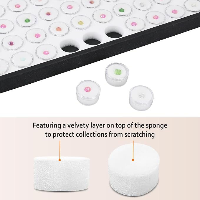 Ikee Design White Foam Gem Jars Showcase Stackable Display Tray for Collectibles, Home Organization Storage Box with 50 Gemstones and Bead Storage Jars, White Foam/Black Tray - Image 3