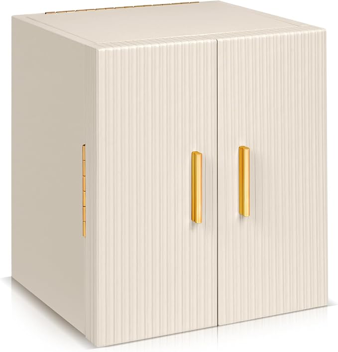 Dajasan Large Jewelry Box Organizer, Jewelry Storage Organizer with 3 Drawers, Huge Jewelry Box with Mirror for Women Girls, Double Door, Textured PU Leather, Gift Idea, Stylish (Beige + Gold) by DAJASAN