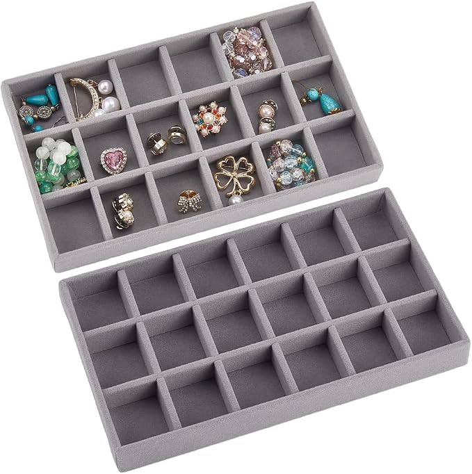 2Pcs 5 x 8.3 Inch 18 Grid Jewelry Tray Drawer Insert Velvet Earring Organizer Display Case Storage with Removable Divider Container Box for Rings Watch Necklace Trinket Holder Showcase Gray - Image 7