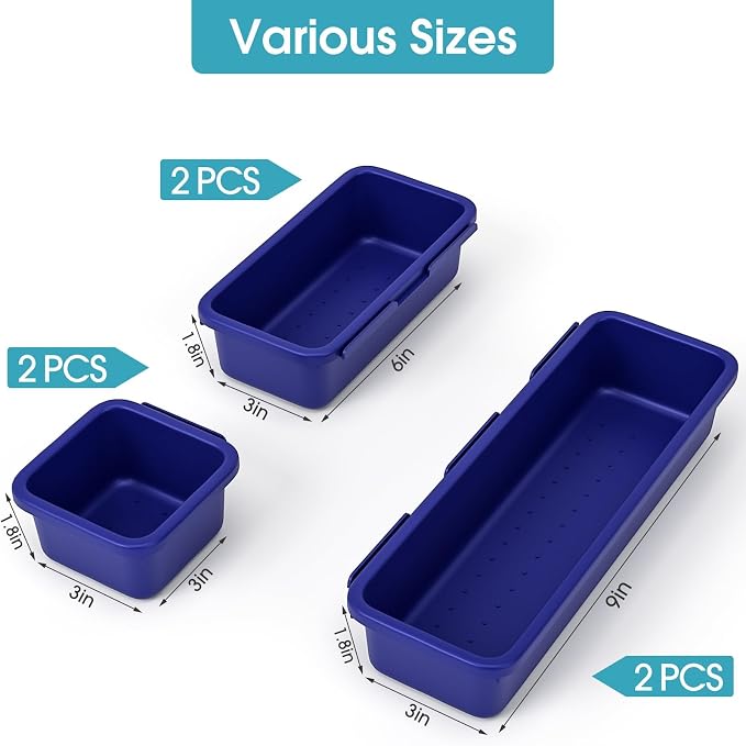 6 PCS Drawer Organizer Set, 3 Size Makeup Drawer Divider Organizer With Non-Slip Pads, Interlocking Plastic Storage Bins for Office,Jewelry Vanity,Gadgets, Bathroom,Kitchen, Navy - Image 2