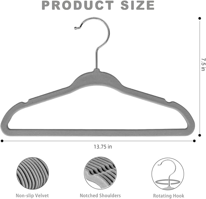 BAGAIL 50 Pack Kids Velvet Hangers 14 Inches Children's Clothes Hangers Non-Slip Baby Hangers for Infant/Toddler (Grey) - Image 2