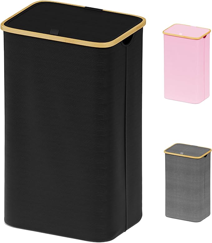 SUOCO Laundry Basket with Lid, 29 Gal (110L) Clothes Hamper with Bamboo Handles, Large Foldable Laundry Hamper for Bedroom, Bathroom, Dorm, Laundry Room - Black by SUOCO
