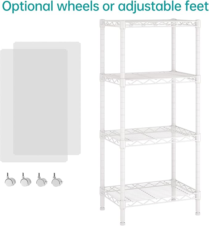 SINGAYE 4 Small Shelves Storage Shelf Wire Shelving Unit Metal Shelf Adjustable Organizers Storage Shelving with Wheels for Bathroom Laundry Room Kitchen Pantry11.5”D x 17.3”W x 44.5”H White - Image 4