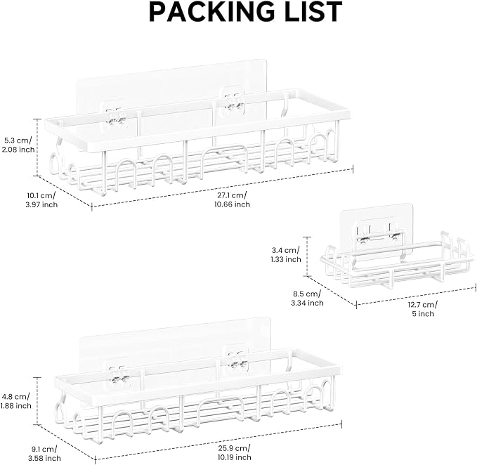 Shower Caddy, 3 Pack Shower Shelves for Inside Bathroom, Rustproof Adhesive Bathroom Organizer with Soap Holder, No Drilling Washroom Organizers and Storage for Bathtub Room/Kitchen/Home, White - Image 2