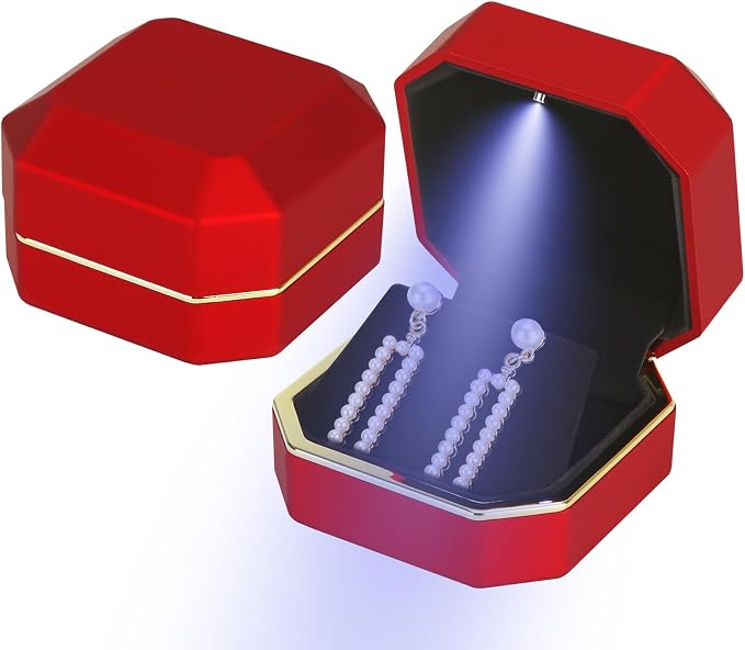 Luxury LED Jewelry Earring Pendant Stud Box, Velvet Earring Necklace Gift Box Storage Case Organizer Holder for Proposal Engagement Wedding Anniversary Birthday Ceremony (Red) by LETURE