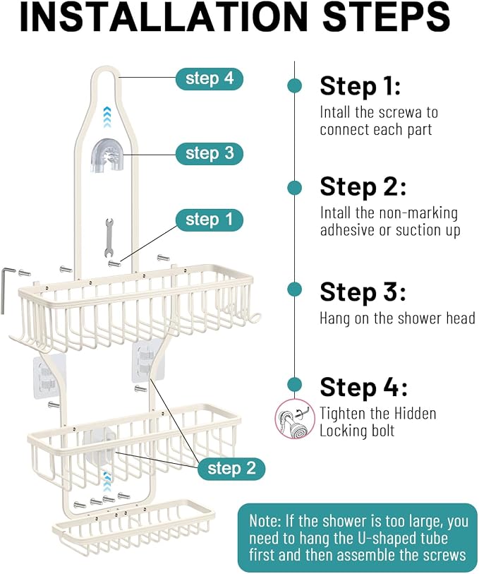 Shower Caddy Hanging - Never Rust Shower Hanging Organizer - Aluminum Over the ShowerHead Caddy with Soap Basket and 6 Hooks for Razor/Sponge (Milky White) - Image 8