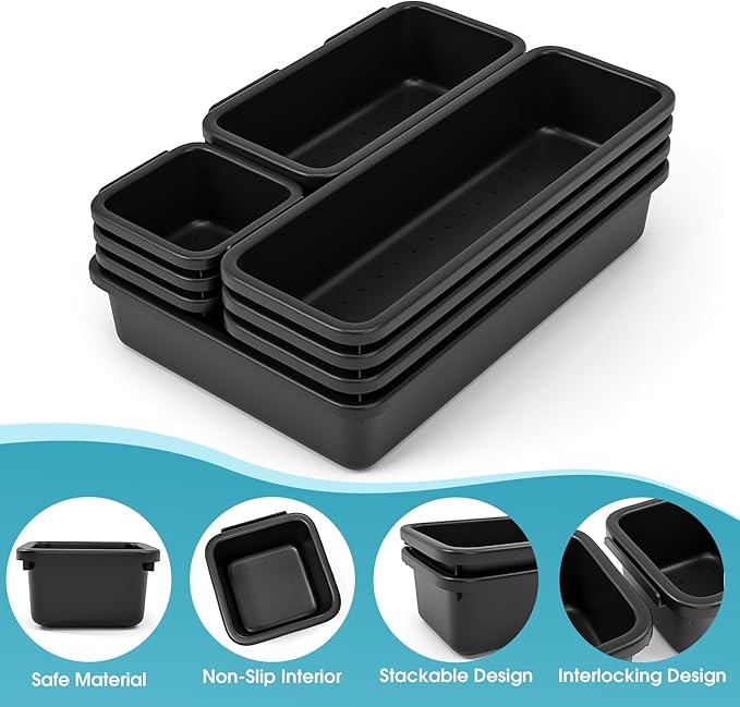 StoreHappily 10 PCS Drawer Organizer Set, 4 Size Makeup Drawer Divider Organizer With Non-Slip Pads, Interlocking Plastic Storage Bins for Office,Jewelry Vanity,Gadgets, Bathroom,Kitchen, Black - Image 3