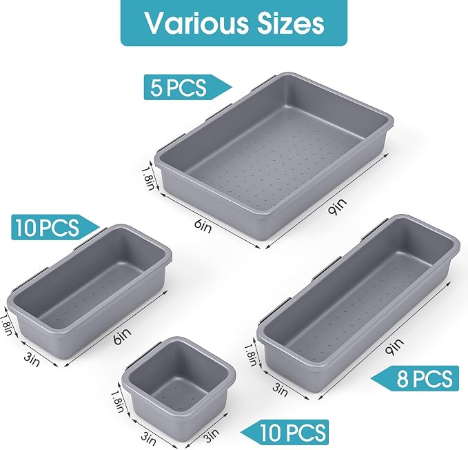 33 PCS Drawer Organizer Set, 4 Size Makeup Drawer Divider Organizer With Non-Slip Pads, Interlocking Plastic Storage Bins for Office,Jewelry Vanity,Gadgets, Bathroom,Kitchen, Grey - Image 2