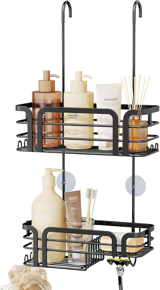 SWTYMIKI Shower Caddy Hanging Organizer - Over the Door Shower Caddy with Soap Holder, 11 Hooks, 2 Installation Ways, Stainless Steel Rustproof Bathroom Organizer, Black by SwtyMiki-TidyHomeSweetLife