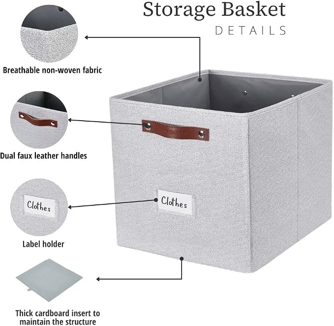 DECOMOMO Storage Baskets, 13x15x13 Storage Cube Bins with Labels for Organizing Shelves (Kallax / 4pcs, Light Grey) - Image 3