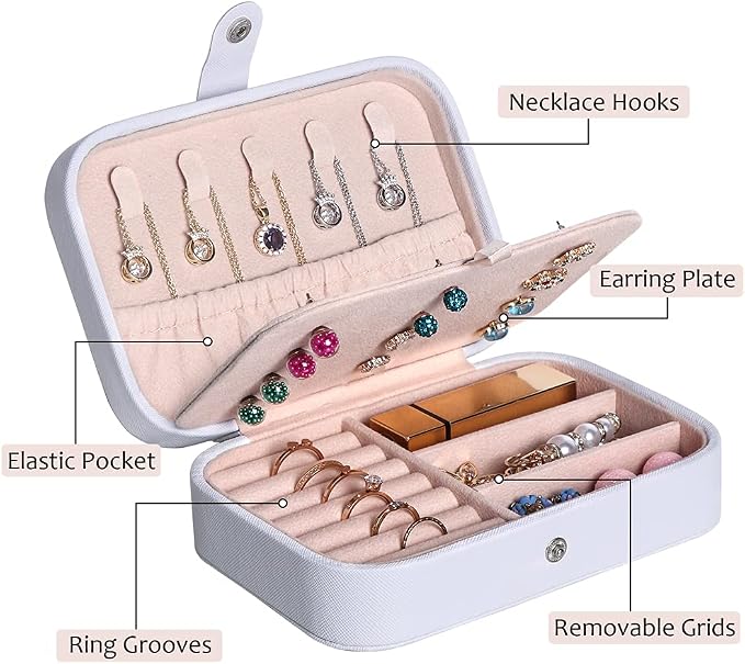 Hatori Travel Jewelry Box, PU Leather Small Jewelry Organizer for Women Girls, Portable Mini Travel Case Display Storage Holder Boxes for Stud Earrings, Rings, Necklaces, Bracelets (White Beige) - Image 3