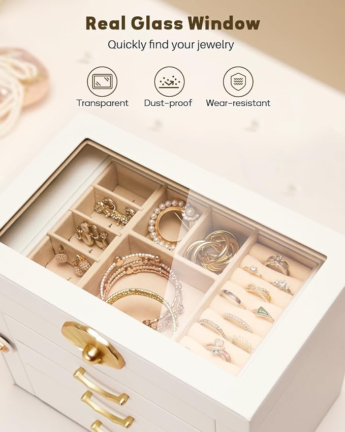 Enthralite Jewelry Box with 3 Drawers : Jewelry Display Organizer for Earrings Necklaces - Gift for Girls Women | White - Image 4