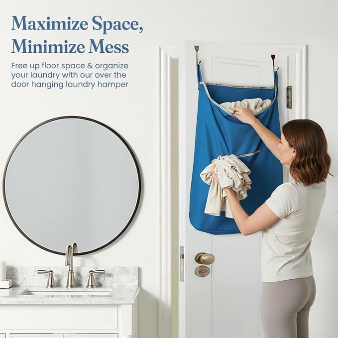 The Fine Living Co. X-Large Hanging Laundry Hamper with Over Door Hooks & Adhesive, Durable Space Saving Laundry Bag with Zipper and Wide Open Top, Hanging Dorm Laundry Hamper 20"x3.75"x31" (Blue-XL) - Image 3