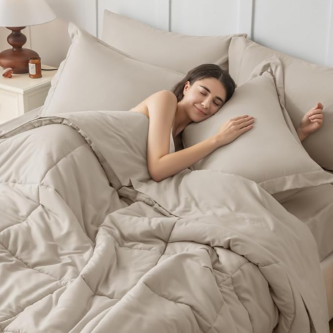 JOLLYVOGUE Twin XL Comforter Set, Ultra-Soft Bed in a Bag Twin XL Size 5 Pieces, Oeko-TEX Certified Bedding Set with Down Alternative Comforter, Sheets, Pillowcases & Shams, Oatmeal