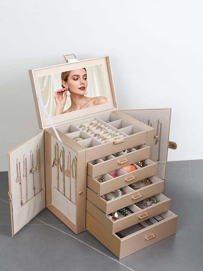 BOOVO Jewelry Box For women, 6 Layer Large Jewelry Organizer With Mirror, Multi-Function Storage Box With Lock, Necklace Holder With 5 Drawers, For Earrings Necklace Bracelet (Champagne Gold) - Image 7