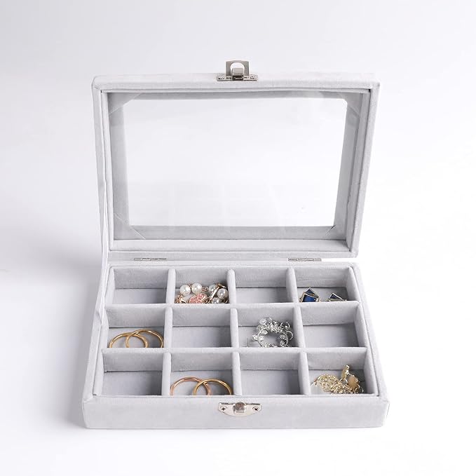 Frebeauty Jewelry Organizer Tray with Clear Lid, 12 Grid Velvet Drawer Insert Storage Box with Transparent Lid Display Case Gift for Women (Grey, 12 Grid) - Image 2