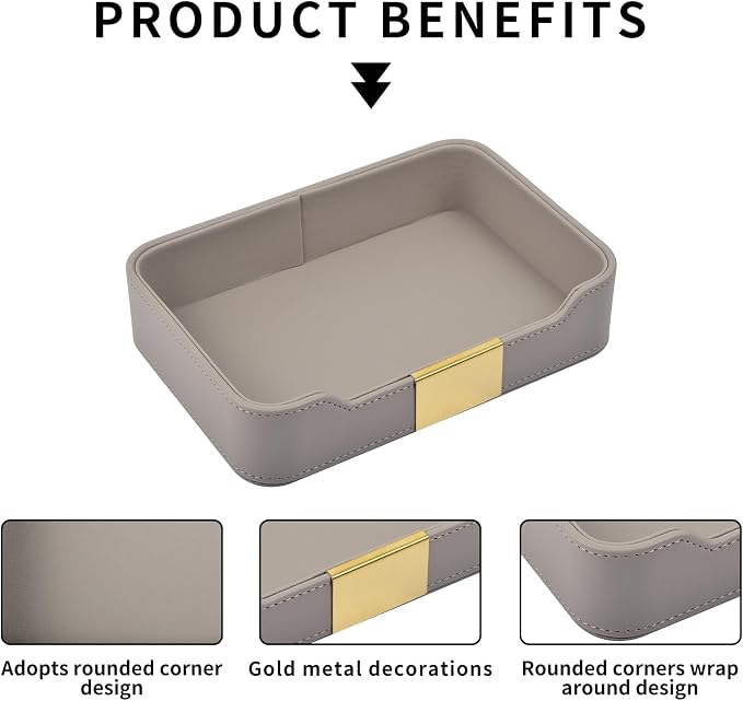 Luxury Leather Valet Tray Desktop Storage Organizer,Bedside Vanity Catchall Tray Nightstand Caddy Holder for Cosmetic,Jewelry,Watch,Keys,Phone,Wallet,Remote Controller,Pen,Gray - Image 8