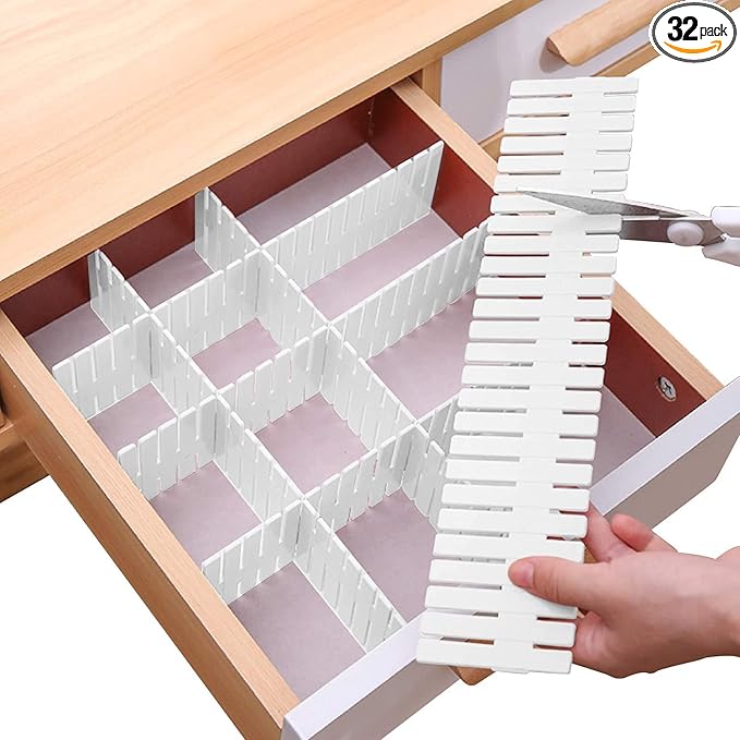 Drawer Divider Adjustable Diy Storage Organizer Separator for Tidying Clutter Cutlery Makeup Clothes of Dresses, Desk & Box in Kitchen Bathroom Bedroom Office (Cut at Will) (White 32PCS) by Bofoho