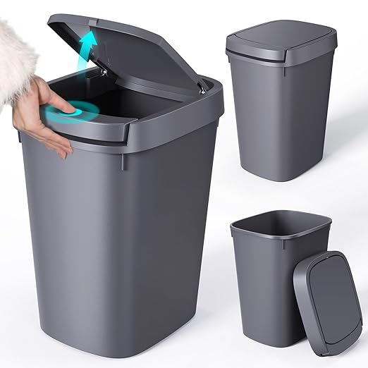 CEROELDA 3 Pack Bathroom Trash Can with Lid, 10L/2.6 Gal Small Garbage Can with Press Top Lid, Slim Plastic Waste Basket for Toilet, Office, Bedroom (Grey) by WelcometoCEROELDA