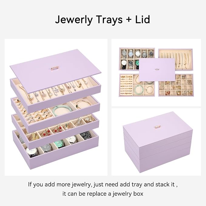 Voova Stackable Jewelry Organizer Tray with Lid, PU Leather Jewelry Storage Holder for Drawer Inserts, Jewellery Display Box Case for Earring Necklace Ring Watch Bracelet (Set of 4, Lavender) - Image 3