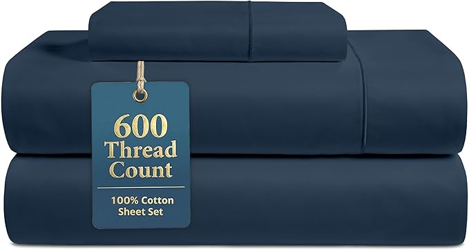 LANE LINEN Twin XL Sheet Sets - 600 Thread Count Sateen Weave - 100% Cotton Sheets for Hotel Quality Softness - 15'' Deep Pocket for Snug Fit to Your Mattress - Oeko Tex Certified - Denim