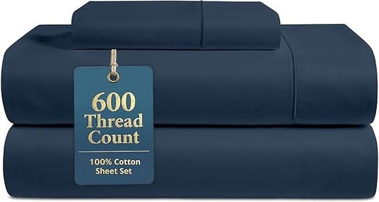 LANE LINEN Twin XL Sheet Sets - 600 Thread Count Sateen Weave - 100% Cotton Sheets for Hotel Quality Softness - 15'' Deep Pocket for Snug Fit to Your Mattress - Oeko Tex Certified - Denim