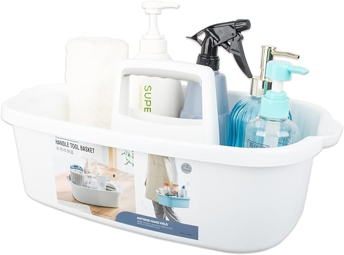 Large Cleaning Supplies Caddy Portable Shower Basket Supply Organizer with Handle Plastic Bucket Tool Storage for Bathroom, Bedroom, Kitchen, College Dorm, Garden, White by JiatuA