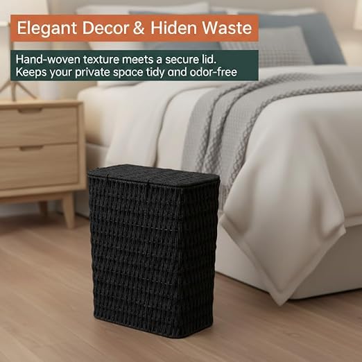 Coeusy 3 Gallon Paper Rope Bathroom Trash Can,Small Wicker Trash Cans with Lid and Liner,Woven Rattan Narrow Waste Basket for Bedroom,Office,Black - Image 7
