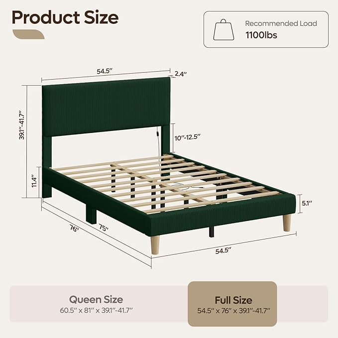 Bestier Full Bed Frame with Headboard,Full Size Bed with LED Light,Vertical Channel Tufted Corduroy Upholstered, Solid Wooden Slats Support, No Box Spring Needed, Never Squeaks, Easy Assembly,Green