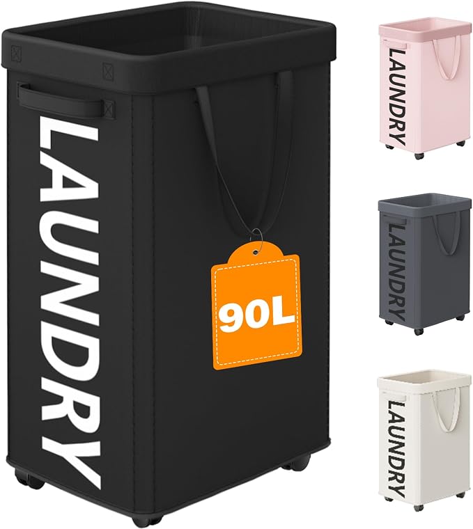 Optish Laundry Basket with Wheels, 90L Rolling Laundry Hamper with Wheels, Large Clothes Hamper on Wheel with Removable Mesh Bag for Bedroom, Dorm Room Essentials, Black by Optish