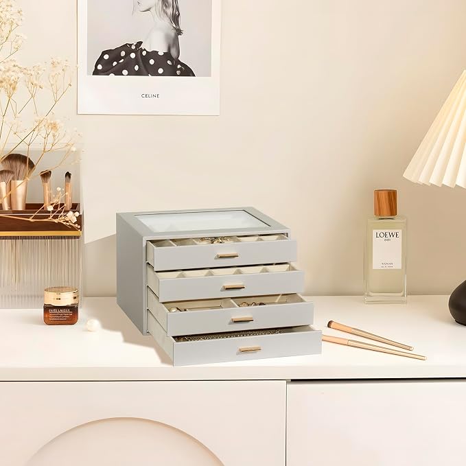 Jewelry Box with Glass Lid, 4-Layer Jewelry Organizer for Women Girls, PU Leather Display Case with 20-Grid Earring Tray & Movable Dividers for Necklaces Rings,Grey - Image 2