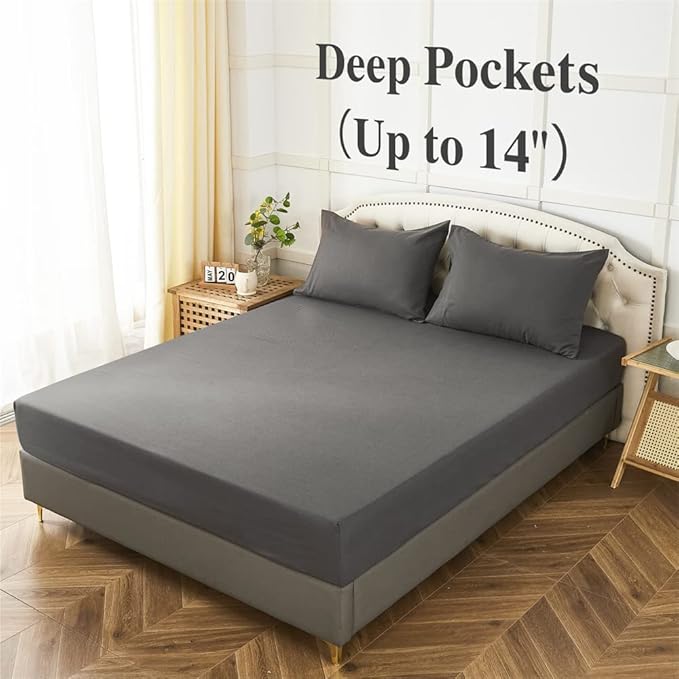 ILAVANDE King Size Sheets Set 4 Piece, Hotel Luxury Super Soft 1800 Series Microfiber Grey Bed Sheets King Set-Wrinkle Free & Breathable-14 Deep Pocket Sheets for King Size Bed(King,Neutral Grey)