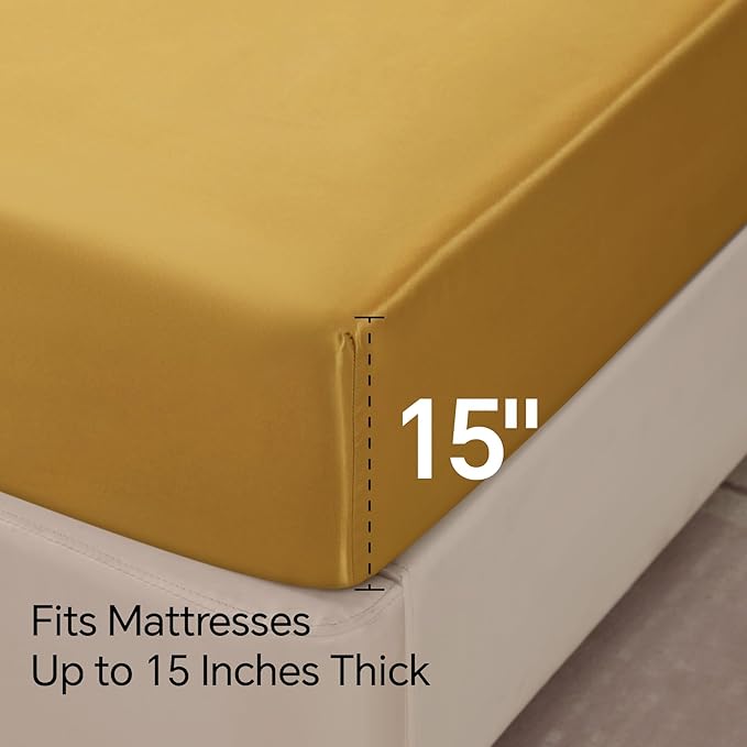 BEDELITE Satin Sheets Full Size Bed Set, Luxury Soft Gold Silky Sheets for Hair and Skin, Similar to Silk Bed Sheets Set 4 Pieces with 1 Deep Pocket Fitted Sheet, 1 Flat Sheet, and 2 Pillowcases