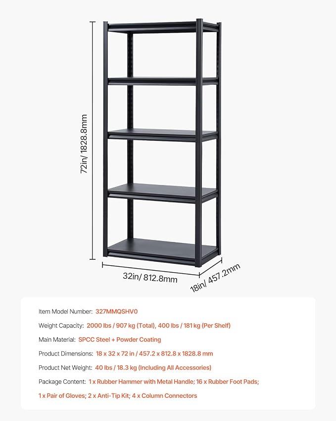 VEVOR Storage Shelves, 2000 lbs, 5 Tier Garage Storage Shelving, 18" D x 32" W x 72" H Adjustable Metal Shelves for Garage Shelves Utility Rack Shelf, Ideal for Kitchen, Warehouse, Basement, Black - Image 8