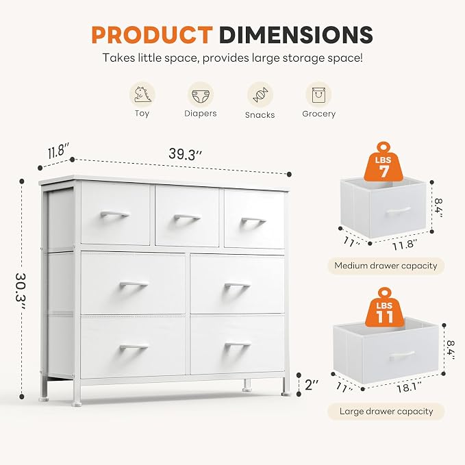 Sweetcrispy 7 Drawer Dresser with Fabric Bins Fabric Storage Tower Organizer for Bedroom Closet Hallway Entryway Tall Chest of Drawers with Steel Frame Wood Top Easy Pull Handles,White - Image 3